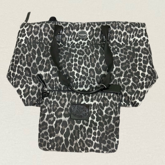 Coach Large Nylon Weekender Travel Bag with Pouch Leopard Print Grey and Black - Picture 1 of 8